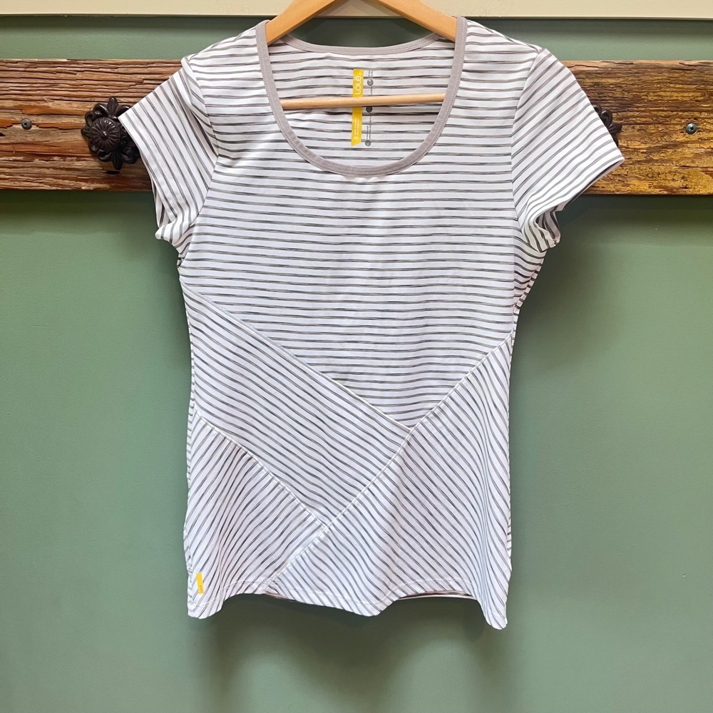 Lole Womens White Grey Striped Short Sleeve Activewear Top UPF 50+ Size Medium